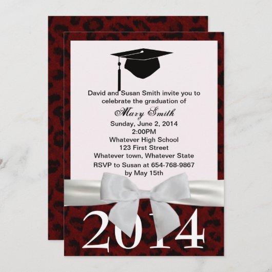 Wit lint en rood luipaard Afstuderen uitnodiging (Voorkant / Achterkant)