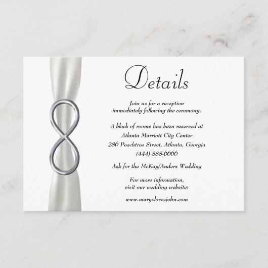 Wit Lint Zilver Infinity Bruiloft Details Informatiekaartje (Voorkant)