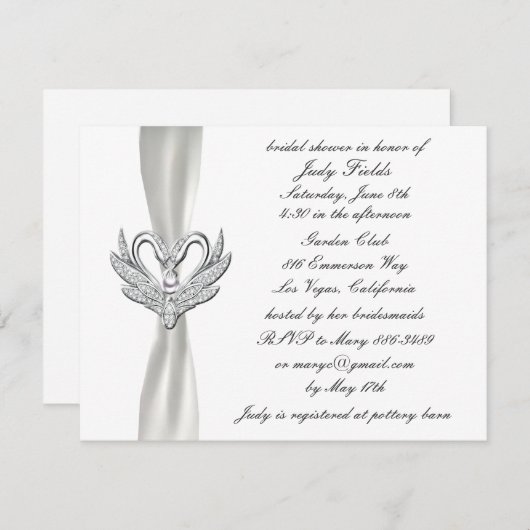 Wit Lint Zilveren Zwanen Bruidsdouche Uitnodiging (Voorkant / Achterkant)