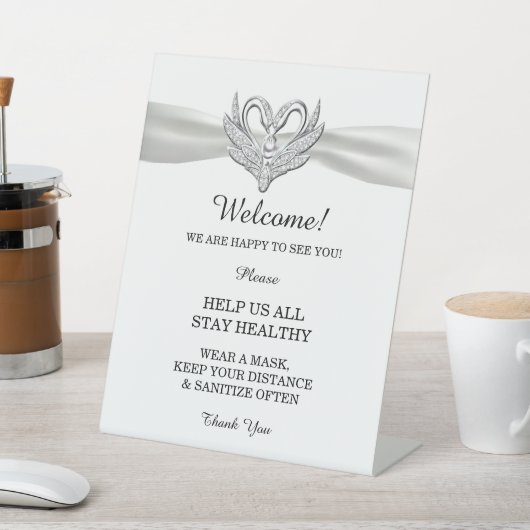 Wit Lint Zilveren Zwanen Bruiloft Veiligheid Reclamebord Met Voetstuk (Insitu)