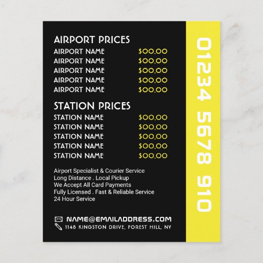 Wit logo van een taxicab met prijzenlijst flyer (Achterkant)