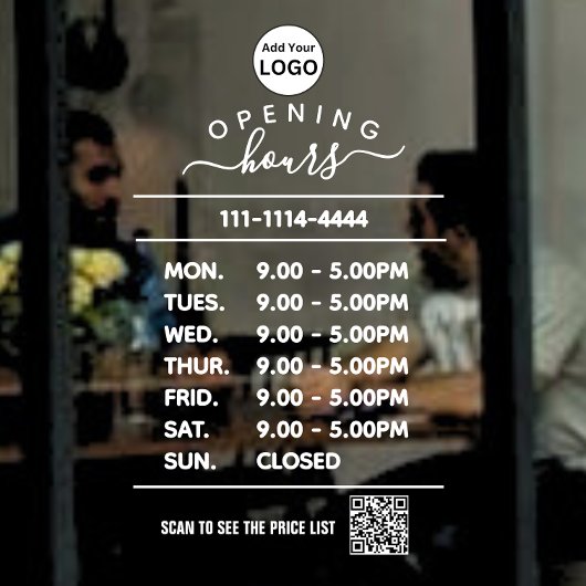 Wit logo voor openingsuren en QR-code voor bedrijv Raamsticker