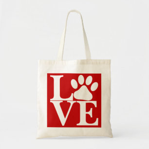 Wit LOVE Woord Hondenpoten Patroon Op Rood Achterg Tote Bag