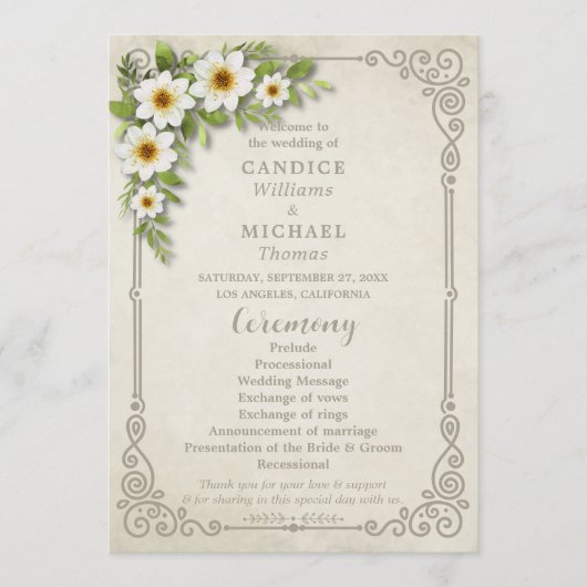  wit madeliefje bloemenromantische rustieke bruilo programmakaart (Voorkant)