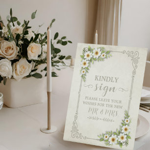  wit madeliefje bloemenromantische rustieke bruilo reclamebord met voetstuk