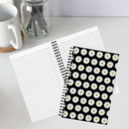 Wit Madeliefjes Bloempatroon op Zwart Notitieboek