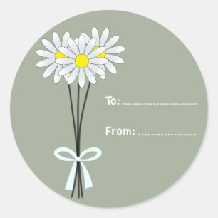 Wit Madeliefjes Boeket op groenige ronde sticker