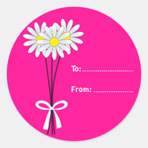 Wit Madeliefjes Boeket op Roze Ronde Sticker