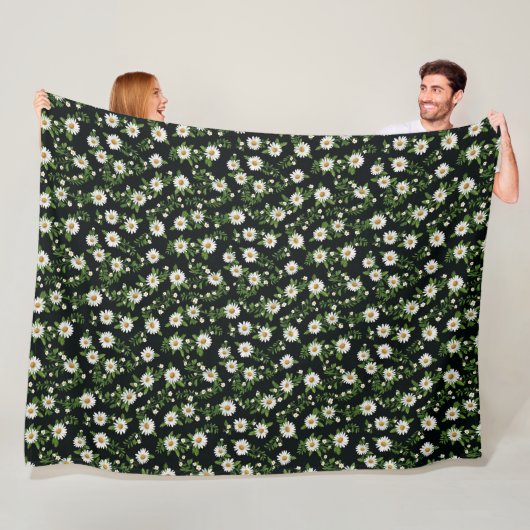Wit Madeliefjesontwerp op zwart Fleece Deken (In situ)