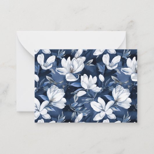 Wit Magnolia bloemenpatroon, donkerblauw Notitiekaartje (Achterkant)