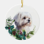 Wit Maltees hondenportret Holly krans Keramisch Ornament (Voorkant)