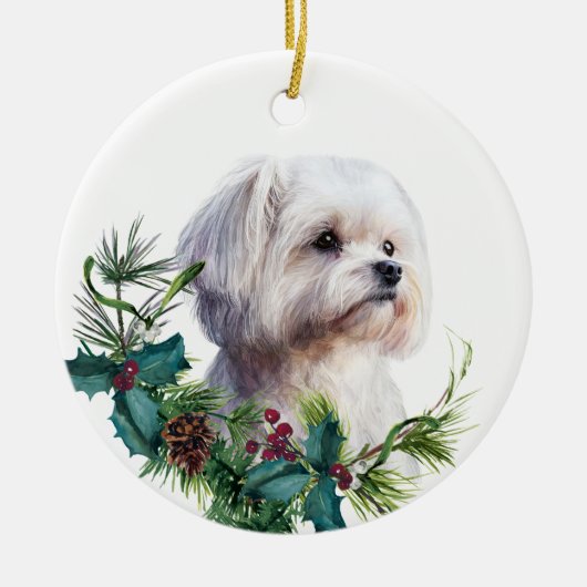Wit Maltees hondenportret Holly krans Keramisch Ornament (Voorkant)