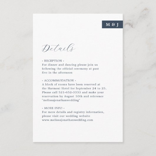 Wit & Marine Blauw Monogram Script Bruiloft Detail Informatiekaartje (Voorkant)
