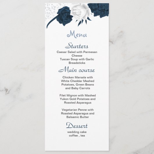 wit & marine bloemen mooie bruiloft menu (Voorkant)