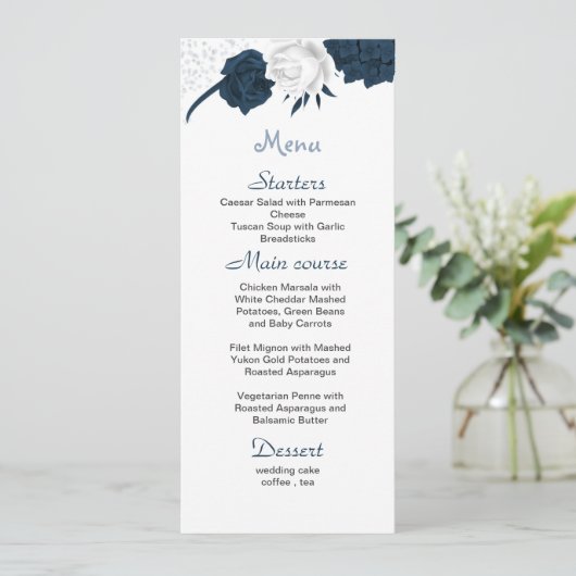 wit & marine bloemen mooie bruiloft menu (Staand voorkant)