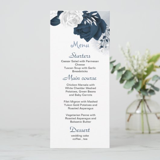 wit & marine bloemen mooie bruiloft menu (Staand voorkant)