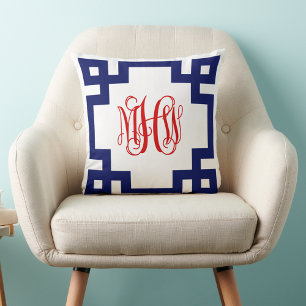 Wit Marine Rood Griekse Sleutel Wingerd Monogram D Kussen
