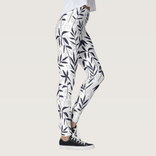 Wit & marineblauw bamboe bladeren Japans patroon 2 Leggings