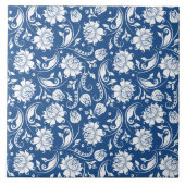 Wit & marineblauw  bloemdamast tegeltje (Voorkant)