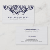 Wit & marineblauw  Bloemen Swirls Kant Visitekaartje (Voorkant / Achterkant)