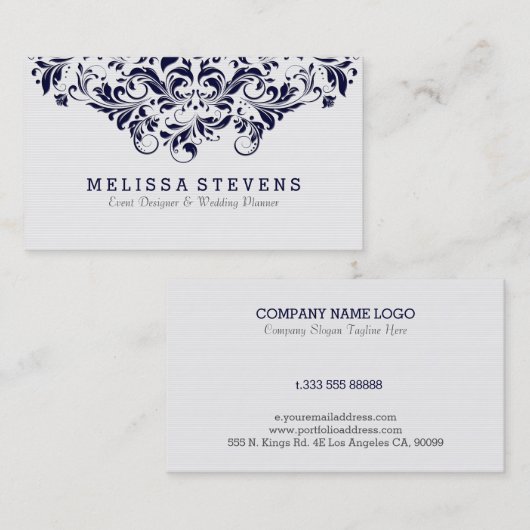 Wit & marineblauw  Bloemen Swirls Kant Visitekaartje (Voorkant / Achterkant)