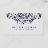 Wit & marineblauw  Bloemen Swirls Kant Visitekaartje (Voorkant)