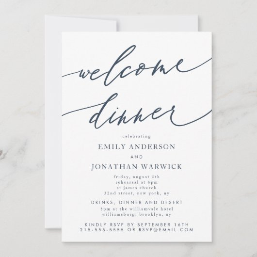 Wit marineblauw bruiloft welkomstdiner kaart (Voorkant)