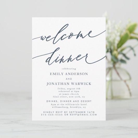 Wit marineblauw bruiloft welkomstdiner kaart (Staand voorkant)