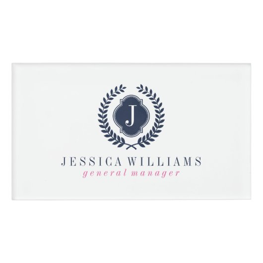 Wit & Marineblauw Kam Krans Aangepast Monogram Naambadge (Voorkant)