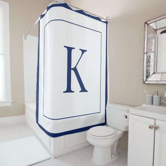 Wit & marineblauw Monogram initiaal Douchegordijn (In situ)