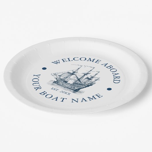 Wit & marineblauw nautische boot papieren bordje (Gekanteld)