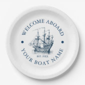 Wit & marineblauw nautische boot papieren bordje (Voorkant)