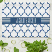 Wit & marineblauw quatrefoil patroon theedoek (Gevouwen)