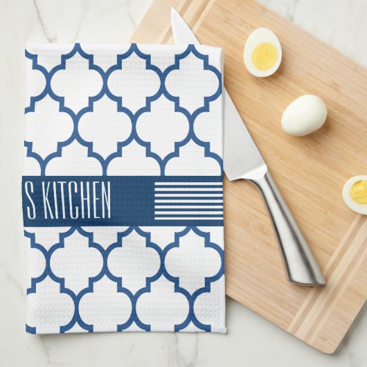 Wit & marineblauw quatrefoil patroon theedoek (Quarter Fold)