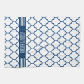 Wit & marineblauw quatrefoil patroon theedoek (Horizontaal)