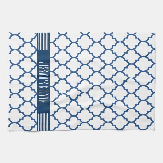 Wit & marineblauw quatrefoil patroon theedoek (Horizontaal)