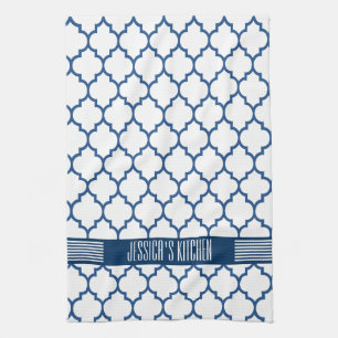 Wit & marineblauw quatrefoil patroon theedoek