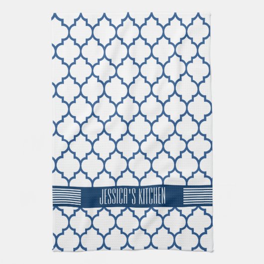 Wit & marineblauw quatrefoil patroon theedoek (Verticaal)