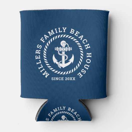 Wit, marineblauw strand huis nautische boot anker blikjeskoeler (Voorkant)