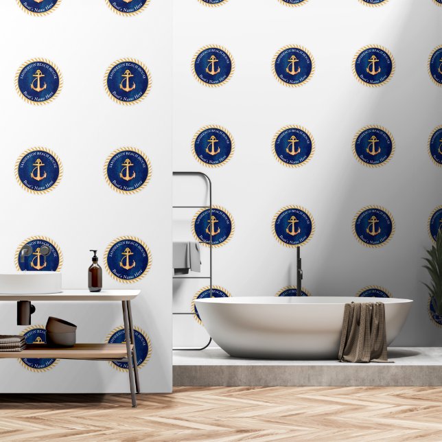 Wit marineblauw w / geel bootanker monogram behang (Badkamer)