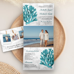 Wit Marmer Blauwgroen Koraalrif Coastal Beach Wedd Drieluik Uitnodiging