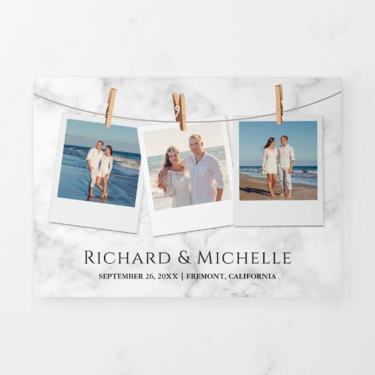 Wit Marmer Blauwgroen Koraalrif Coastal Beach Wedd Drieluik Uitnodiging (Cover)