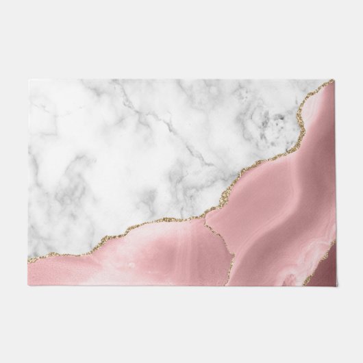 Wit Marmer Blush Roze Agaat Goud Glitter Deurmat (Voorkant)