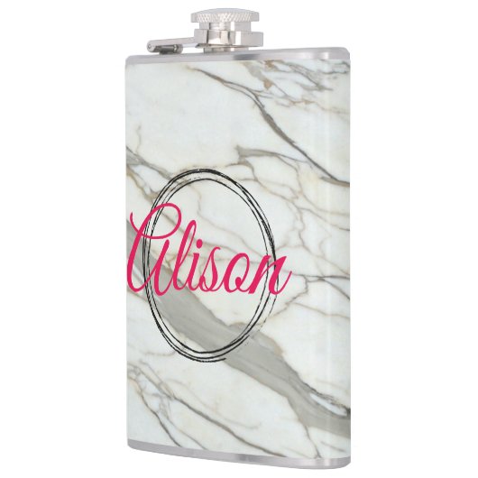 Wit marmer chic fuchsia ontwerp aangepaste naam heupfles (Links)