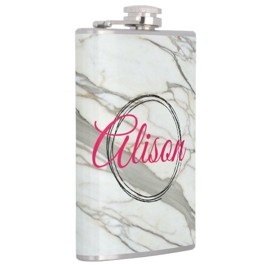Wit marmer chic fuchsia ontwerp aangepaste naam heupfles (Rechts)
