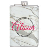 Wit marmer chic fuchsia ontwerp aangepaste naam heupfles (Voorkant)