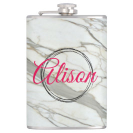 Wit marmer chic fuchsia ontwerp aangepaste naam heupfles