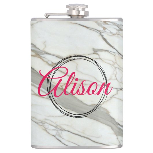 Wit marmer chic fuchsia ontwerp aangepaste naam heupfles (Voorkant)