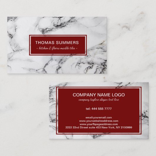 Wit marmer donkerrood accent visitekaartje (Voorkant / Achterkant)