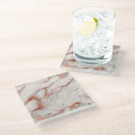 Wit marmer en faux roos goud glazen onderzetter (Schuin)